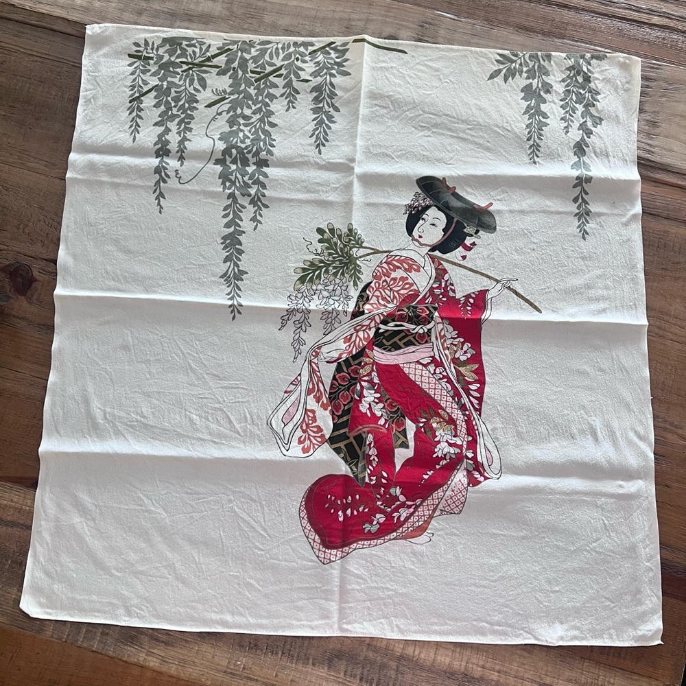 Japanese 100% Silk Geisha Print Scarf | Vintage | Multicolor
